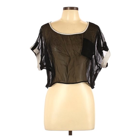 MYTH NYC Short Sleeve Crop Black with White Trim Sheer Blouse sz Large EUC - Picture 1 of 5